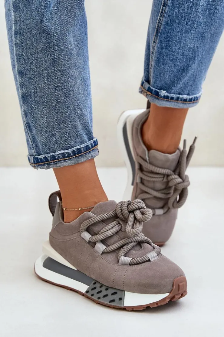 Damskie Boto Zamszowe Sneakersy Damskie Na Platformie Z Grubym Sznurowaniem Artiker 54C1463 Szare