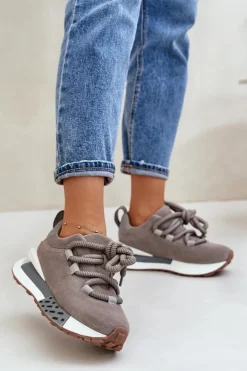 Damskie Boto Zamszowe Sneakersy Damskie Na Platformie Z Grubym Sznurowaniem Artiker 54C1463 Szare
