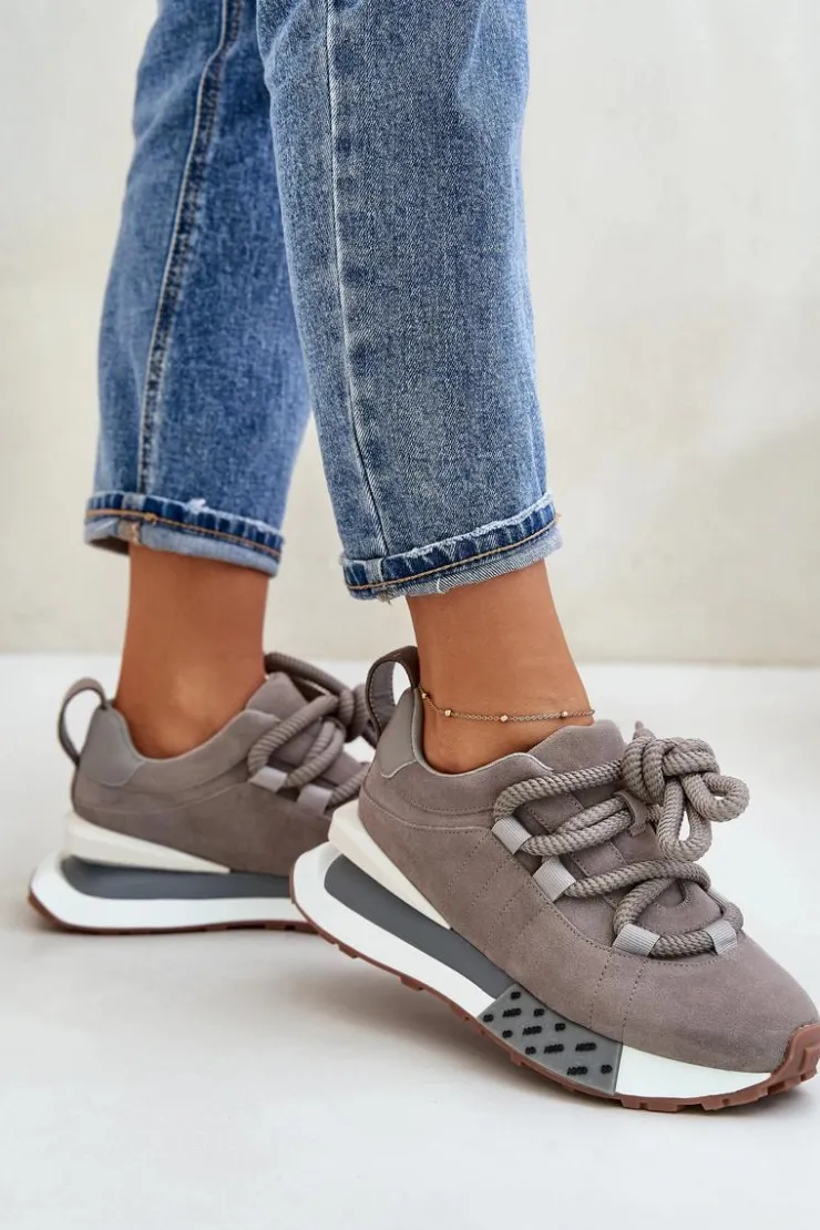 Damskie Boto Zamszowe Sneakersy Damskie Na Platformie Z Grubym Sznurowaniem Artiker 54C1463 Szare