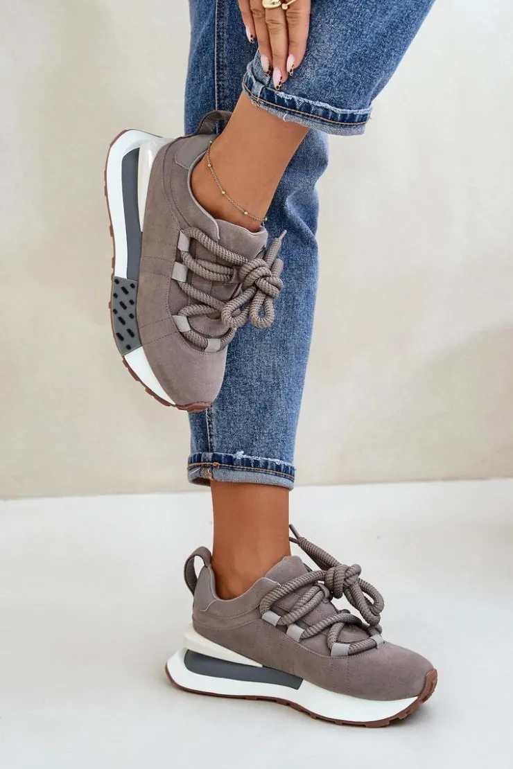 Damskie Boto Zamszowe Sneakersy Damskie Na Platformie Z Grubym Sznurowaniem Artiker 54C1463 Szare