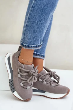 Damskie Boto Zamszowe Sneakersy Damskie Na Platformie Z Grubym Sznurowaniem Artiker 54C1463 Szare