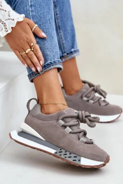 Damskie Boto Zamszowe Sneakersy Damskie Na Platformie Z Grubym Sznurowaniem Artiker 54C1463 Szare