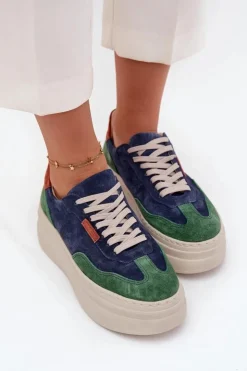 Outlet Zazoo Zamszowe Sneakersy Damskie Na Platformie N1269S3 Zielono-Granatowe Niebieski