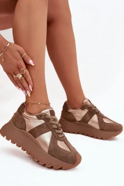 Damskie Big Star Shoes Zamszowe Sneakersy Damskie Ocieplane Na Platformie Big Star OO274A218 HI-POLY SYSTEM Brązowe