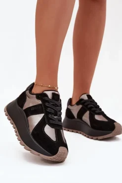 Sale Big Star Shoes Zamszowe Sneakersy Damskie Ocieplane Na Platformie Big Star OO274A217 HI-POLY SYSTEM Czarne Czarny