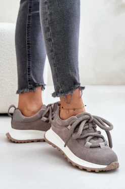 Online Artiker Zamszowe Sneakersy Damskie Z Grubym Sznurowaniem 54C1465 Szare Szary