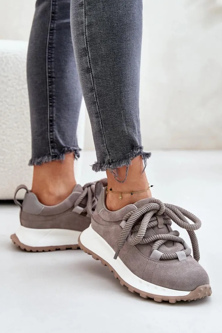 Online Artiker Zamszowe Sneakersy Damskie Z Grubym Sznurowaniem 54C1465 Szare Szary