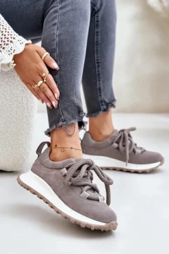 Online Artiker Zamszowe Sneakersy Damskie Z Grubym Sznurowaniem 54C1465 Szare Szary