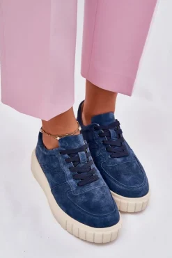 Evento Sneakersy Damskie*Zamszowe Sneakersy Damskie Na Platformie Granatowe Rilwena Niebieski