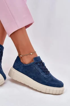 Evento Sneakersy Damskie*Zamszowe Sneakersy Damskie Na Platformie Granatowe Rilwena Niebieski