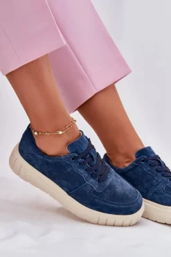 Evento Sneakersy Damskie*Zamszowe Sneakersy Damskie Na Platformie Granatowe Rilwena Niebieski