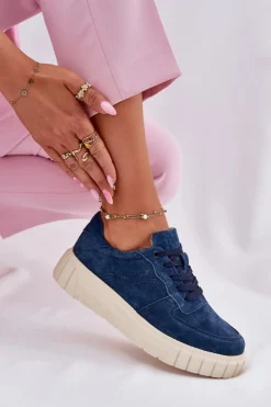 Evento Sneakersy Damskie*Zamszowe Sneakersy Damskie Na Platformie Granatowe Rilwena Niebieski
