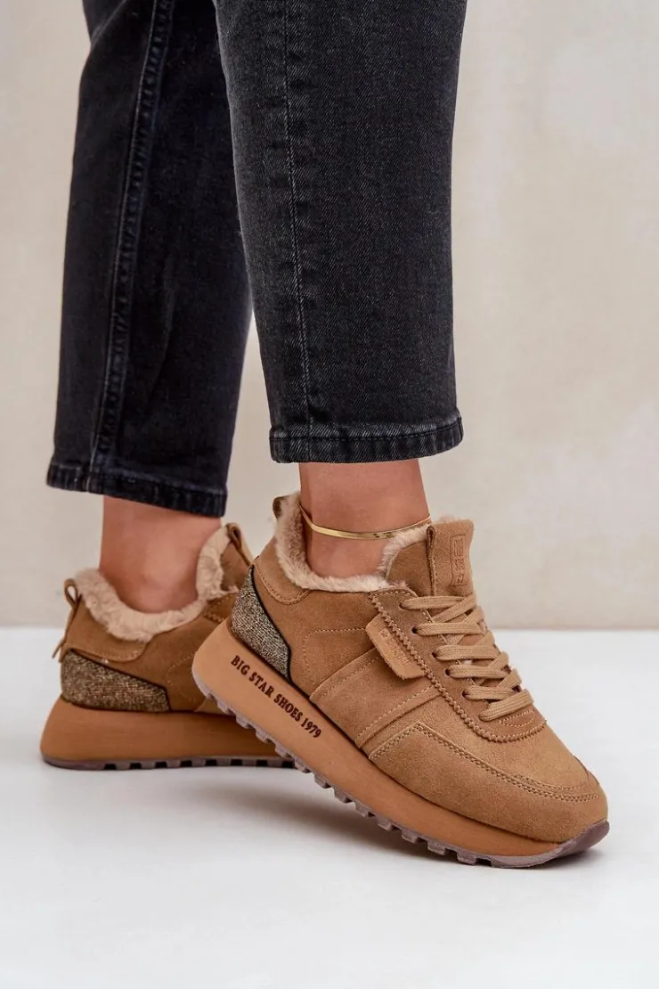 Big Star Shoes Buty Sportowe Big Star|Sneakersy Damskie*Zamszowe Sneakersy Damskie Z Futerkiem I Błyszczącym Elementem Big Star OO274578 Hi-Poly System Camel