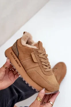 Big Star Shoes Buty Sportowe Big Star|Sneakersy Damskie*Zamszowe Sneakersy Damskie Z Futerkiem I Błyszczącym Elementem Big Star OO274578 Hi-Poly System Camel