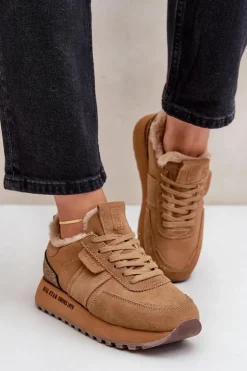 Big Star Shoes Buty Sportowe Big Star|Sneakersy Damskie*Zamszowe Sneakersy Damskie Z Futerkiem I Błyszczącym Elementem Big Star OO274578 Hi-Poly System Camel