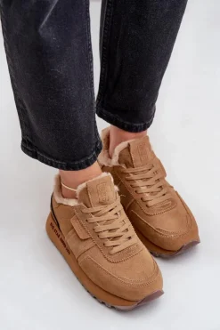 Big Star Shoes Buty Sportowe Big Star|Sneakersy Damskie*Zamszowe Sneakersy Damskie Z Futerkiem I Błyszczącym Elementem Big Star OO274578 Hi-Poly System Camel