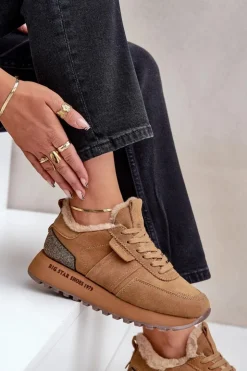 Big Star Shoes Buty Sportowe Big Star|Sneakersy Damskie*Zamszowe Sneakersy Damskie Z Futerkiem I Błyszczącym Elementem Big Star OO274578 Hi-Poly System Camel