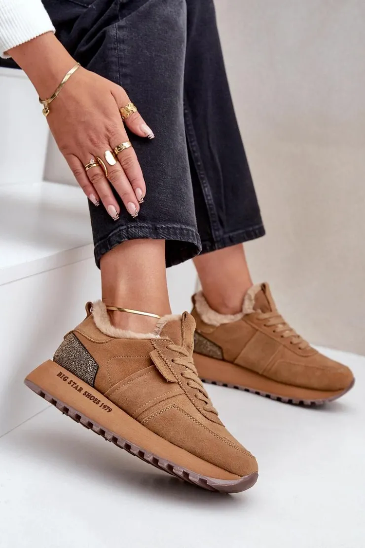 Big Star Shoes Buty Sportowe Big Star|Sneakersy Damskie*Zamszowe Sneakersy Damskie Z Futerkiem I Błyszczącym Elementem Big Star OO274578 Hi-Poly System Camel