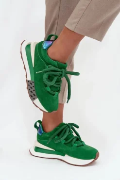 Artiker Buty Sportowe Na Platformie|Półbuty Skórzane*Zamszowe Sneakersy Damskie Na Platformie Z Grubym Sznurowaniem 55C0136 Zielone Zielony