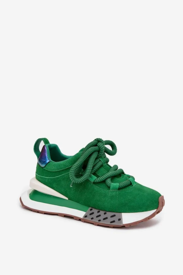 Artiker Buty Sportowe Na Platformie|Półbuty Skórzane*Zamszowe Sneakersy Damskie Na Platformie Z Grubym Sznurowaniem 55C0136 Zielone Zielony