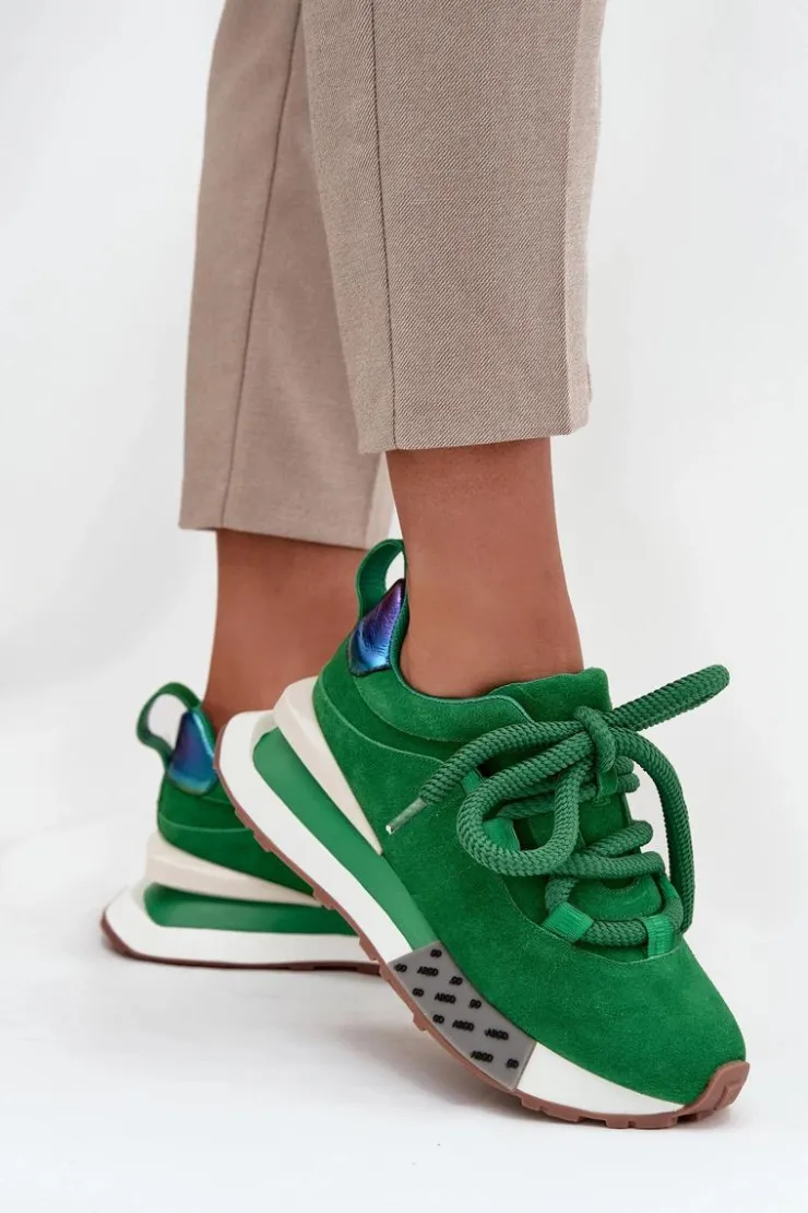 Artiker Buty Sportowe Na Platformie|Półbuty Skórzane*Zamszowe Sneakersy Damskie Na Platformie Z Grubym Sznurowaniem 55C0136 Zielone Zielony