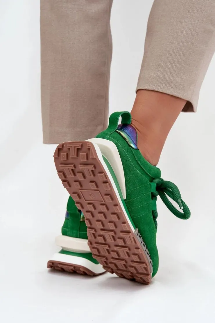 Artiker Buty Sportowe Na Platformie|Półbuty Skórzane*Zamszowe Sneakersy Damskie Na Platformie Z Grubym Sznurowaniem 55C0136 Zielone Zielony