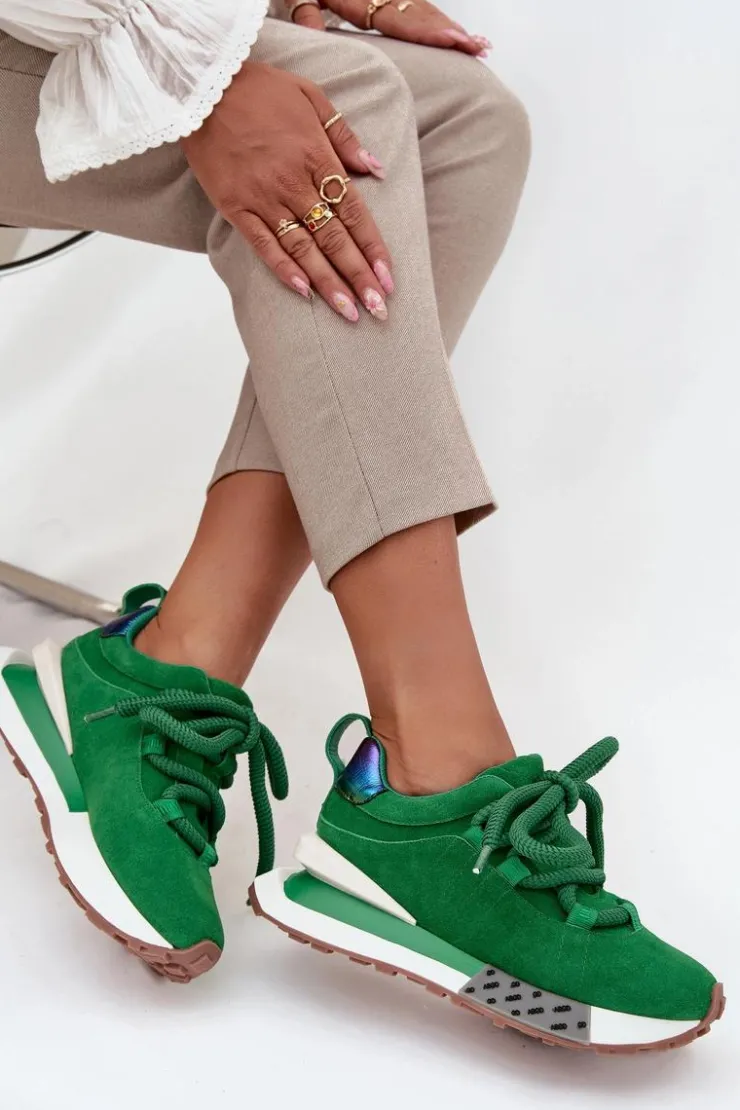 Artiker Buty Sportowe Na Platformie|Półbuty Skórzane*Zamszowe Sneakersy Damskie Na Platformie Z Grubym Sznurowaniem 55C0136 Zielone Zielony