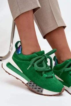 Artiker Buty Sportowe Na Platformie|Półbuty Skórzane*Zamszowe Sneakersy Damskie Na Platformie Z Grubym Sznurowaniem 55C0136 Zielone Zielony