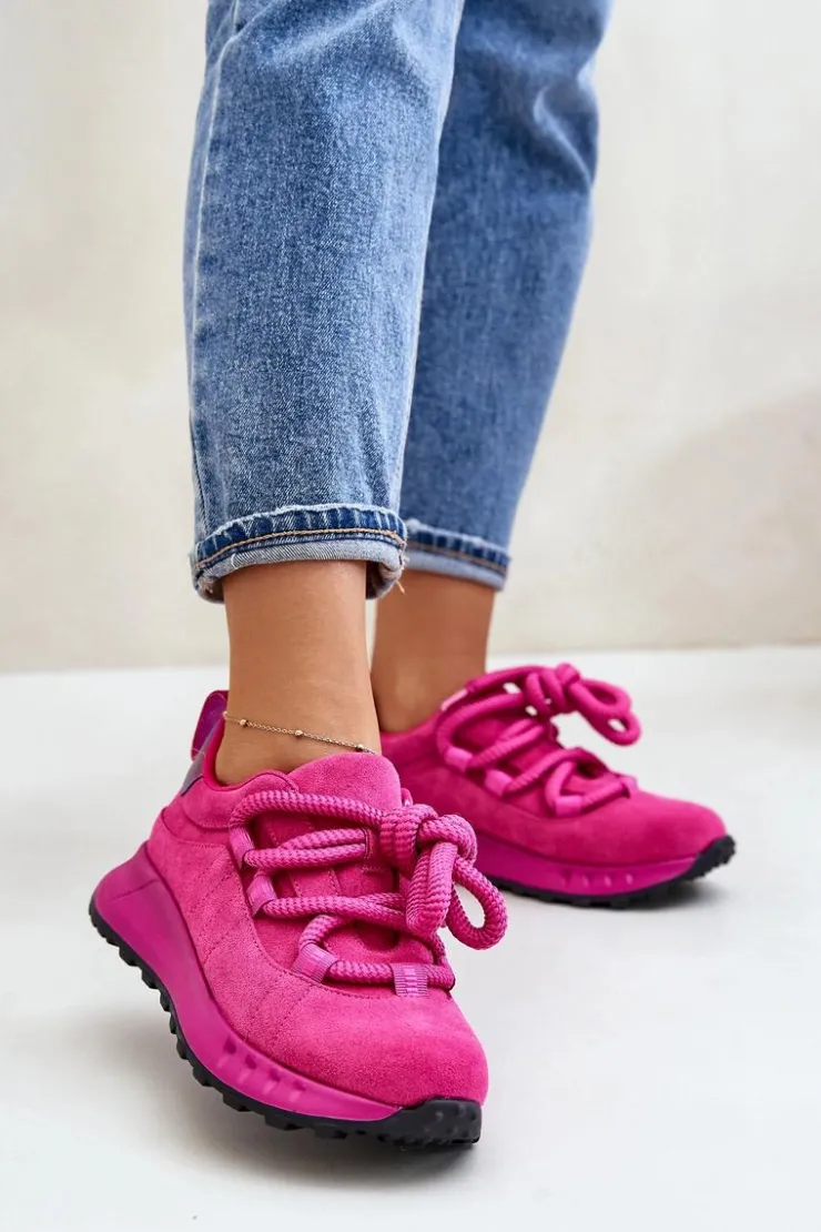 Artiker Buty Sportowe Na Platformie*Zamszowe Sneakersy Damskie Z Grubym Sznurowaniem 54C1461 Fuksja Różowy