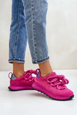 Artiker Buty Sportowe Na Platformie*Zamszowe Sneakersy Damskie Z Grubym Sznurowaniem 54C1461 Fuksja Różowy