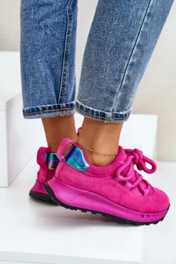 Artiker Buty Sportowe Na Platformie*Zamszowe Sneakersy Damskie Z Grubym Sznurowaniem 54C1461 Fuksja Różowy