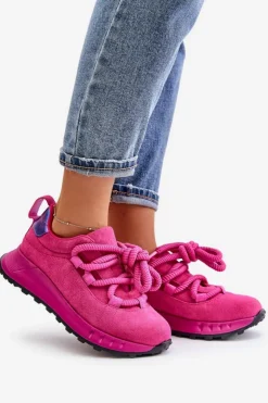 Artiker Buty Sportowe Na Platformie*Zamszowe Sneakersy Damskie Z Grubym Sznurowaniem 54C1461 Fuksja Różowy