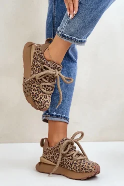 Boto Buty Sportowe Na Platformie*Zamszowe Sneakersy Damskie Na Platformie Z Grubym Sznurowaniem Panterka Artiker 55C0135 Brązowe Brązowy