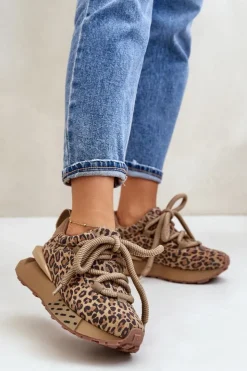 Boto Buty Sportowe Na Platformie*Zamszowe Sneakersy Damskie Na Platformie Z Grubym Sznurowaniem Panterka Artiker 55C0135 Brązowe Brązowy