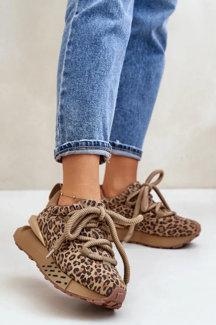 Boto Buty Sportowe Na Platformie*Zamszowe Sneakersy Damskie Na Platformie Z Grubym Sznurowaniem Panterka Artiker 55C0135 Brązowe Brązowy