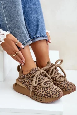 Boto Buty Sportowe Na Platformie*Zamszowe Sneakersy Damskie Na Platformie Z Grubym Sznurowaniem Panterka Artiker 55C0135 Brązowe Brązowy