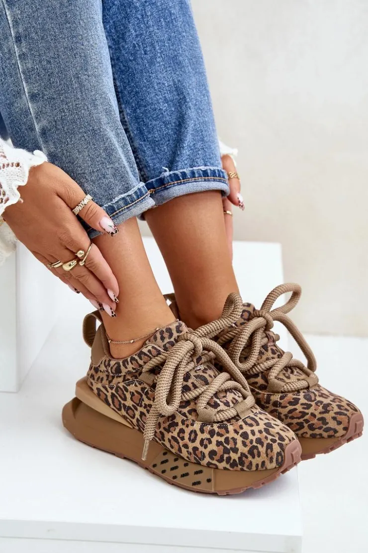 Boto Buty Sportowe Na Platformie*Zamszowe Sneakersy Damskie Na Platformie Z Grubym Sznurowaniem Panterka Artiker 55C0135 Brązowe Brązowy