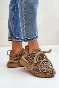 Boto Buty Sportowe Na Platformie*Zamszowe Sneakersy Damskie Na Platformie Z Grubym Sznurowaniem Panterka Artiker 55C0135 Brązowe Brązowy