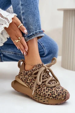 Boto Buty Sportowe Na Platformie*Zamszowe Sneakersy Damskie Na Platformie Z Grubym Sznurowaniem Panterka Artiker 55C0135 Brązowe Brązowy