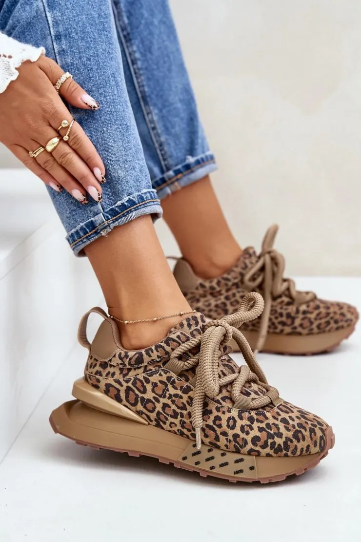 Boto Buty Sportowe Na Platformie*Zamszowe Sneakersy Damskie Na Platformie Z Grubym Sznurowaniem Panterka Artiker 55C0135 Brązowe Brązowy
