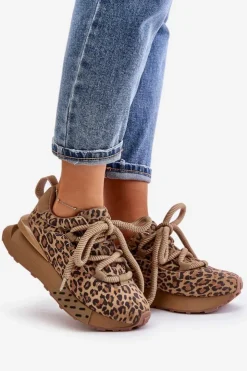 Boto Buty Sportowe Na Platformie*Zamszowe Sneakersy Damskie Na Platformie Z Grubym Sznurowaniem Panterka Artiker 55C0135 Brązowe Brązowy