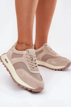 Big Star Shoes Zamszowe Sneakersy Na Platformie Damskie Big Star RR274897 HI-POLY SYSTEM Beżowe Beżowy