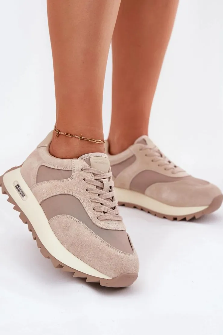 Big Star Shoes Zamszowe Sneakersy Na Platformie Damskie Big Star RR274897 HI-POLY SYSTEM Beżowe Beżowy