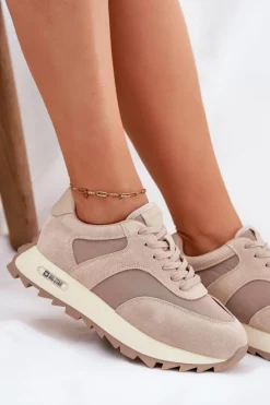 Big Star Shoes Zamszowe Sneakersy Na Platformie Damskie Big Star RR274897 HI-POLY SYSTEM Beżowe Beżowy