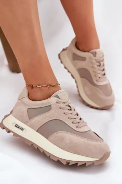 Big Star Shoes Zamszowe Sneakersy Na Platformie Damskie Big Star RR274897 HI-POLY SYSTEM Beżowe Beżowy