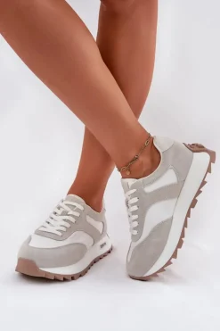 Big Star Shoes Buty Sportowe Big Star|Sneakersy Damskie*Zamszowe Sneakersy Na Platformie Damskie Big Star RR274896 HI-POLY SYSTEM Biało-Szare