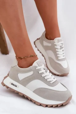 Big Star Shoes Buty Sportowe Big Star|Sneakersy Damskie*Zamszowe Sneakersy Na Platformie Damskie Big Star RR274896 HI-POLY SYSTEM Biało-Szare