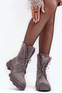 Boto Botki Sznurowane|Czarne Botki*Zamszowe Sznurowane Botki Workery Z Futerkiem Szare Frendo