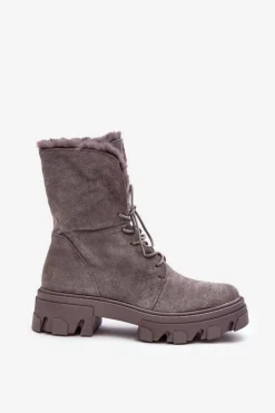 Boto Botki Sznurowane|Czarne Botki*Zamszowe Sznurowane Botki Workery Z Futerkiem Szare Frendo