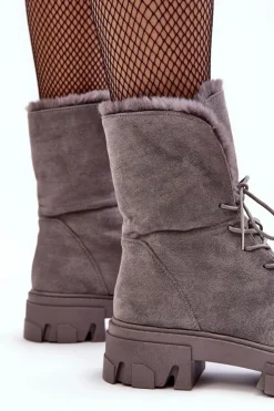 Boto Botki Sznurowane|Czarne Botki*Zamszowe Sznurowane Botki Workery Z Futerkiem Szare Frendo